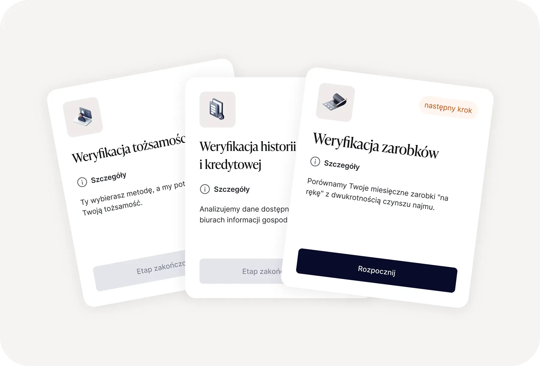 Widok kroków procesu weryfikacji najemcy w aplikacji – trzy etapy ze statusami „Ukończono" oraz ostatni wymagający odpowiedzi najemcy